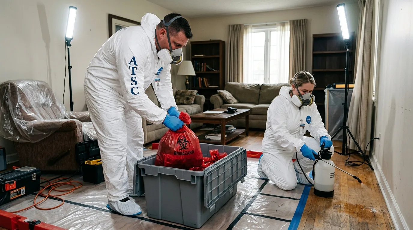 Professional Hoarding Cleanup technician in full PPE working in Sedona